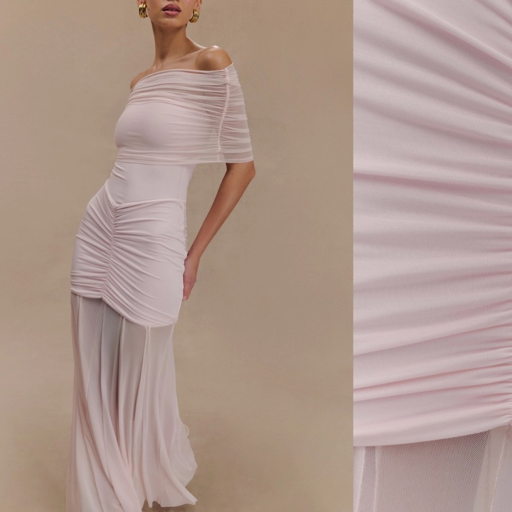 MESHKI Caspian Off-Shoulder Mesh Maxi Dress | Pale Pink | XS | New with Tags/ - Picture 3 of 7